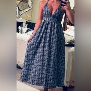 Evil Eye Navy Blue Boho Halter Maxi Dress | Deep V Neck | Tie Back | Size Small